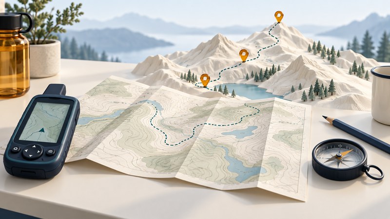 A handheld GPS, folded map, compass and pencil sit beside a relief landscape with a teal path and amber markers.