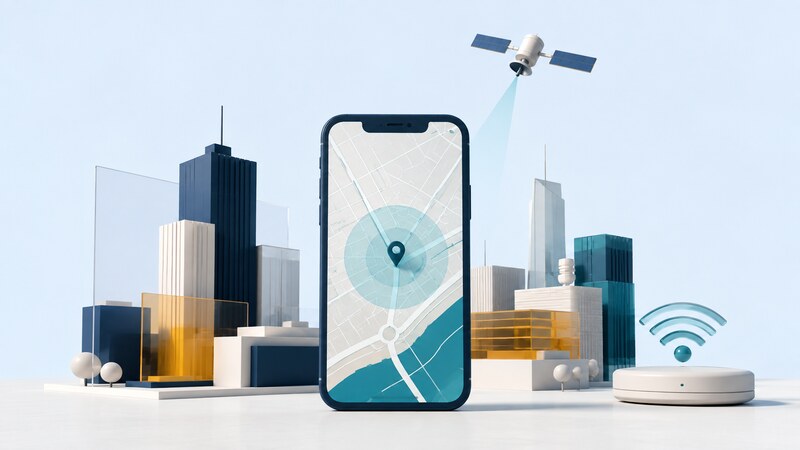 A smartphone displays a location point and uncertainty circle beside miniature city blocks and conceptual satellite and Wi-Fi positioning elements.