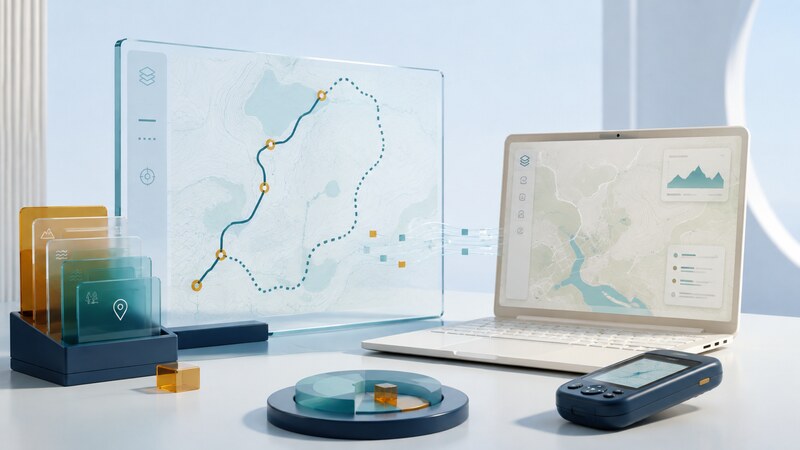 A glass map shows a teal track, amber waypoints, and a dotted proposed route beside a laptop, receiver, and organized file cards.