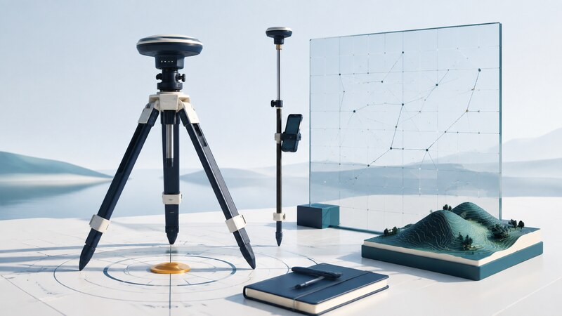 A GNSS antenna on a tripod over a control mark stands beside a rover pole, coordinate grid, terrain model, and field notebook.