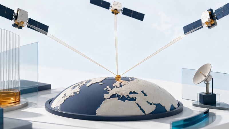 Navigation satellites above a curved globe send conceptual signal paths toward a receiver point, with a ground-monitoring antenna nearby.