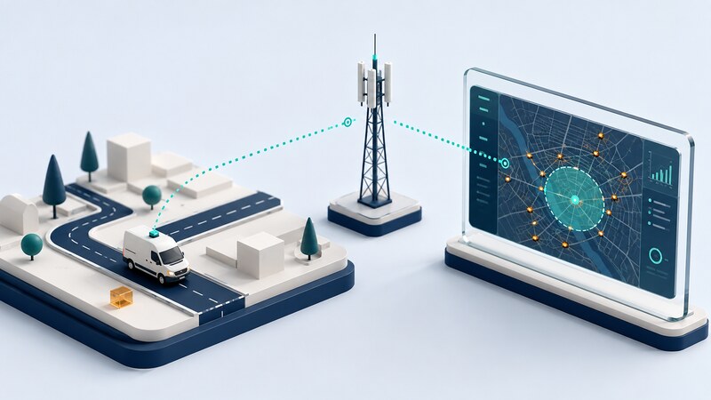 A miniature delivery van, cellular mast, and glass fleet map illustrate separate positioning, communication, and reporting functions.