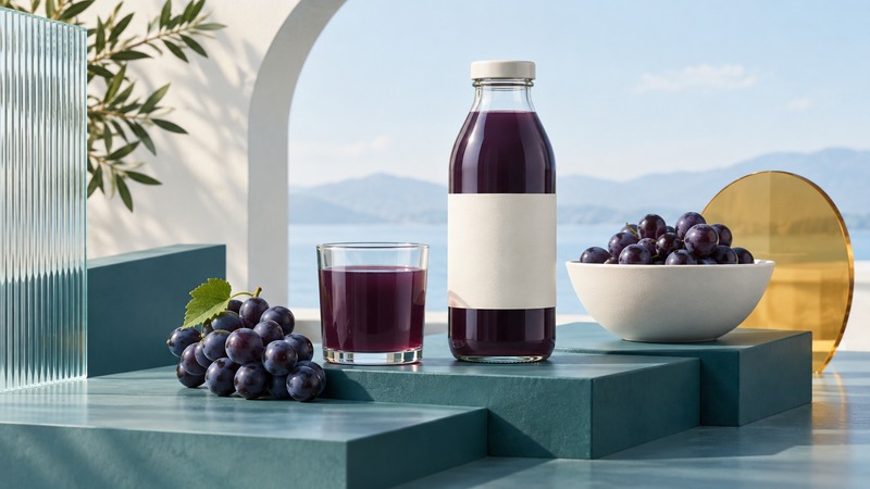 Purple grapes, a glass of juice and an unlabeled bottle on stepped teal platforms.
