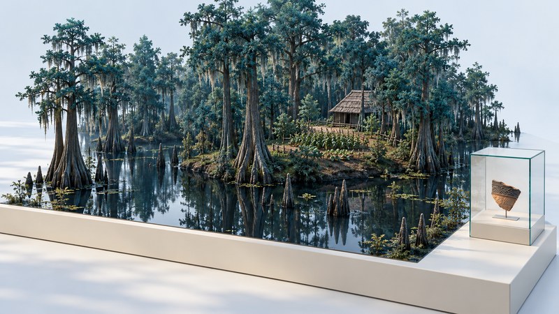 A cypress wetland model includes a small shelter on higher ground beside a separate case holding a pottery fragment.
