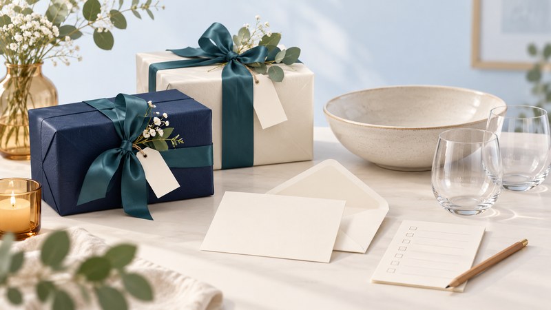 Navy and ivory wrapped gifts with teal ribbon beside a blank note, a ceramic bowl and two glasses.