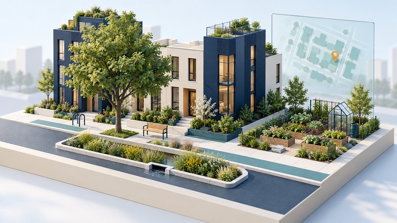 A neighborhood model combines a shade tree, planted curbside area, community garden and a glass site plan.
