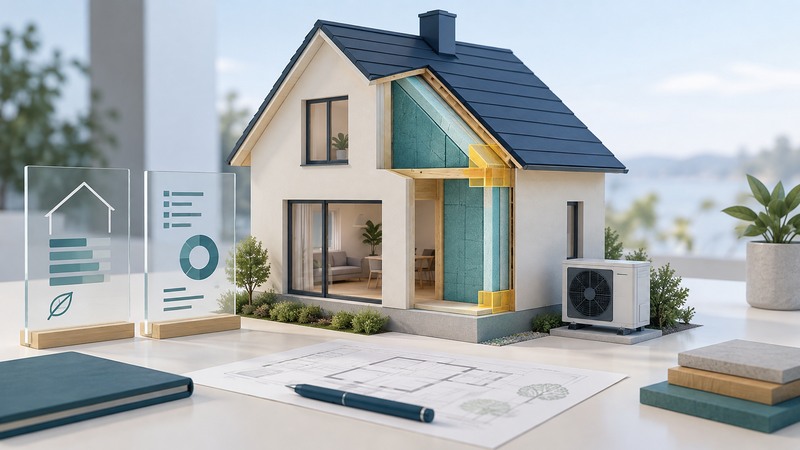 An ivory house model with a cutaway insulated wall, navy roof, small heat pump and glass assessment panels.