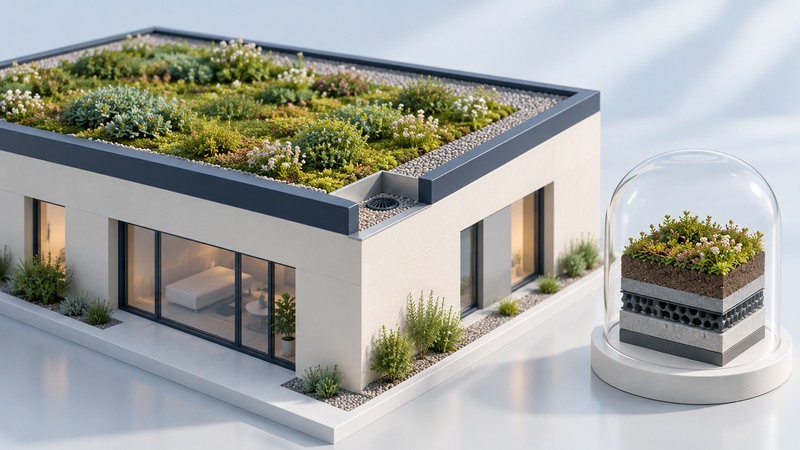 An ivory building model has a shallow planted roof and a separate layered material sample beneath glass.