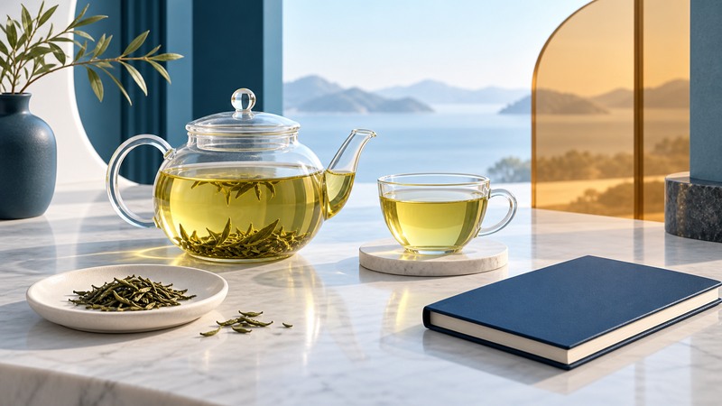 A glass teapot and cup of green tea sit beside loose leaves and a closed navy book.