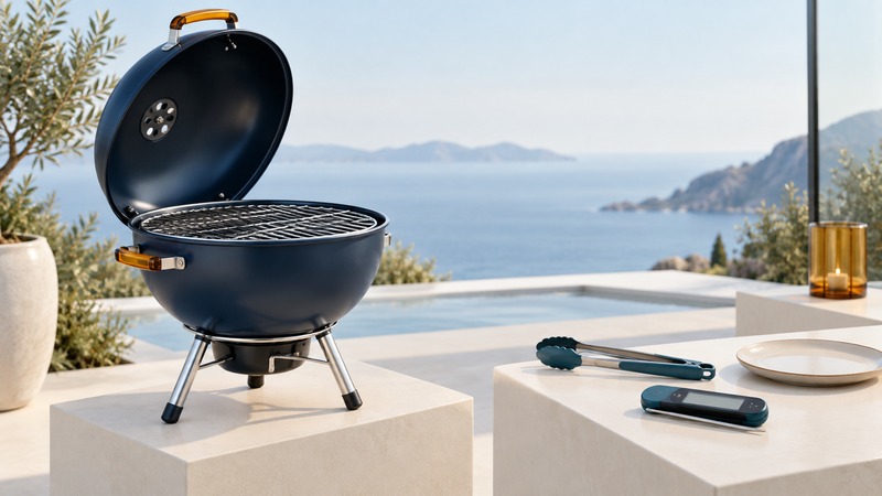A navy kettle grill stands beside teal tongs, a probe thermometer, and an empty plate on an outdoor display table.