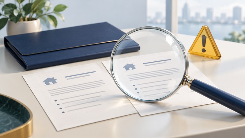 A magnifying glass examines two loan-offer sheets beside a navy folder and an amber caution symbol.