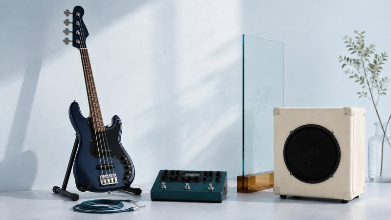 Navy four-string bass beside a compact teal modeler and ivory speaker cabinet in soft daylight.