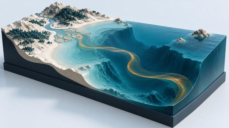 A conceptual ocean cutaway connects a river mouth and shallow shelf with a deep basin and an amber circulation ribbon.
