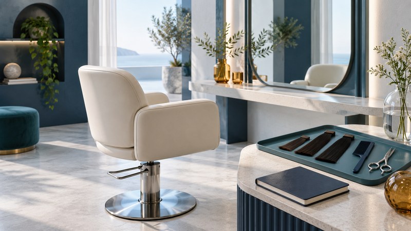 Salon chair and mirror with hair swatches, a comb, scissors and a closed notebook.