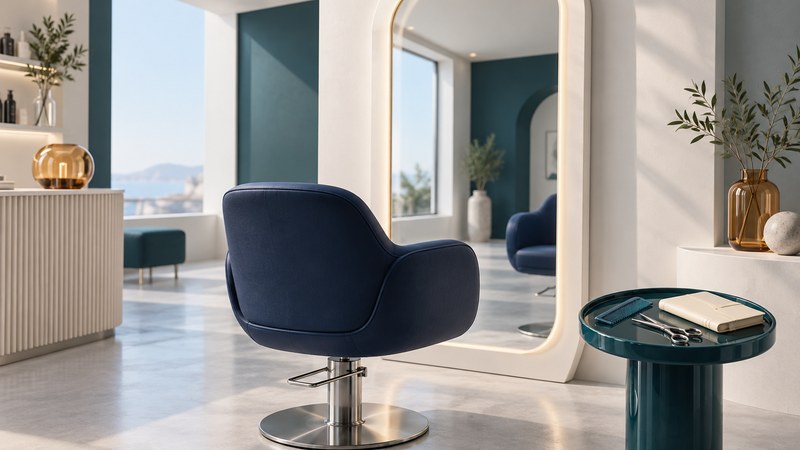 A navy salon chair facing an ivory-framed mirror, with a comb, closed scissors and notebook on a separate tray.