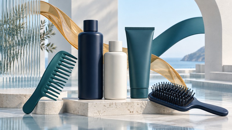 Generic hair-care bottles and a styling tube beside a wide-tooth comb, paddle brush and glass ribbons.