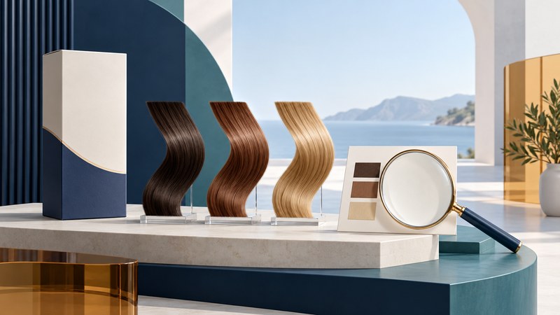 Three different hair-color swatches beside a plain carton and magnifying glass on teal and ivory platforms.