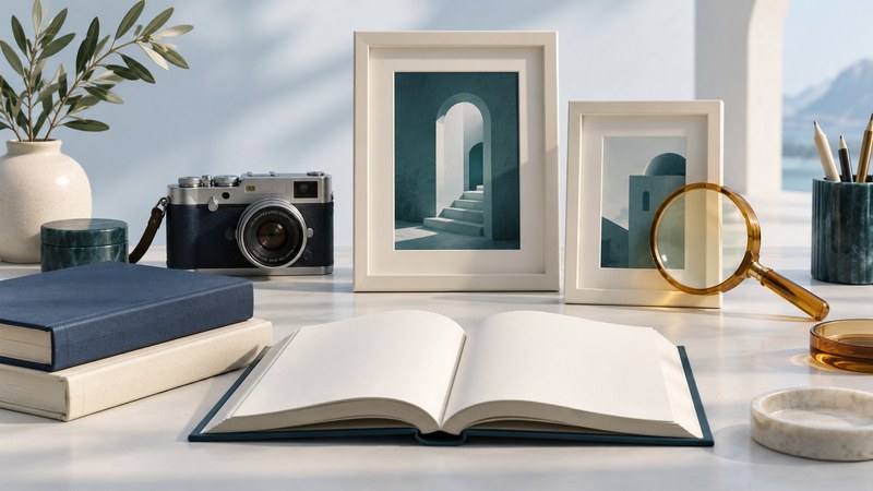 Books, a camera, framed abstract images and an amber magnifying glass arranged on a desk.
