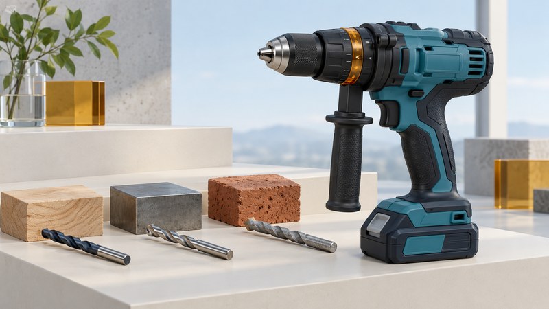 An idle teal cordless hammer drill with auxiliary handle beside separate bits and samples of wood, metal and brick.