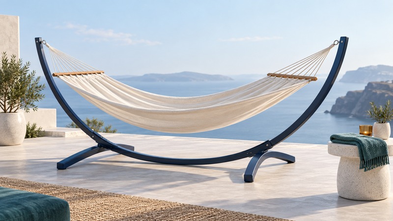 An ivory spreader-bar hammock suspended from a freestanding curved navy stand on a patio.