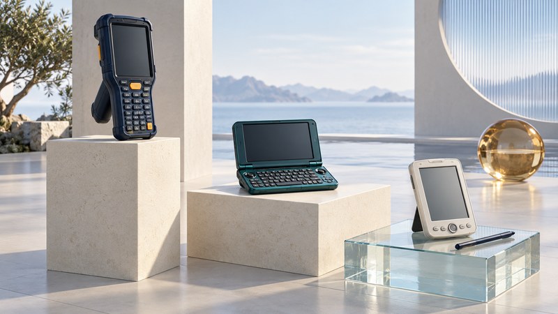 Rugged, keyboard and stylus handhelds stand on ivory and glass platforms.