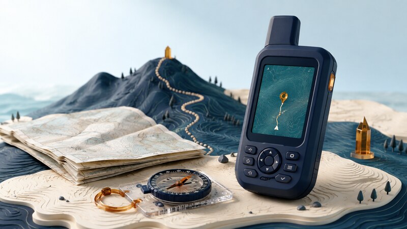 A rugged handheld receiver with a contour-map display rests beside a folded map and compass on stylized terrain.