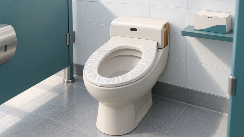 A conceptual automatic seat-cover unit fits an ivory toilet in a clean restroom with a teal partition.