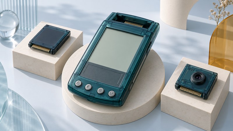 A translucent teal organizer with an expansion bay rests beside memory and camera modules.