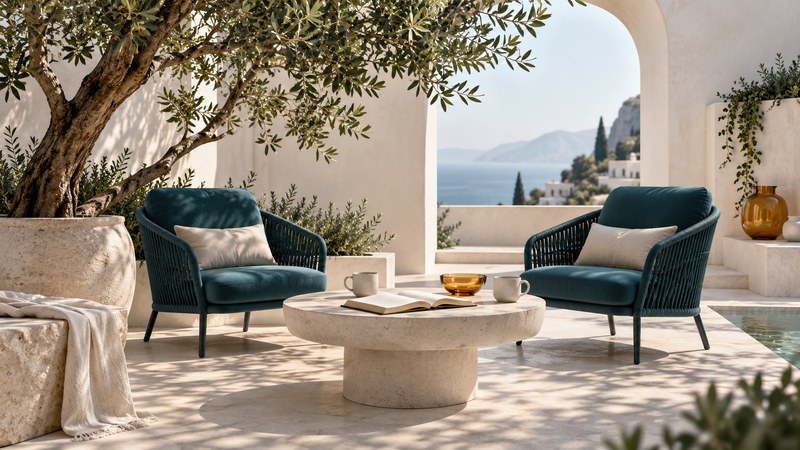 Two teal chairs and a table with cups and an open book sit beneath a leafy tree in an ivory courtyard.