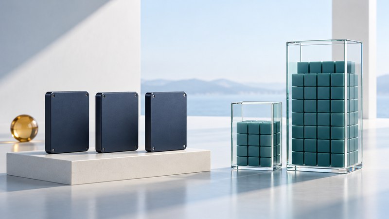 Three closed navy drives beside glass containers holding different amounts of teal blocks.