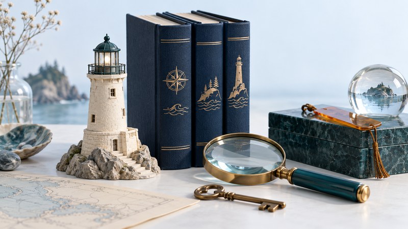 Navy mystery books beside a miniature coastal tower, magnifying glass, key, and amber bookmark.