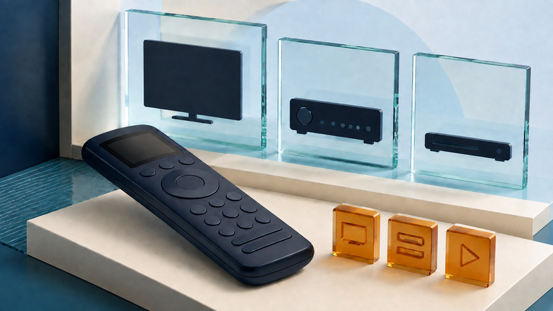 A navy universal remote sits before glass panels depicting a television, receiver and player, with three amber activity tiles.