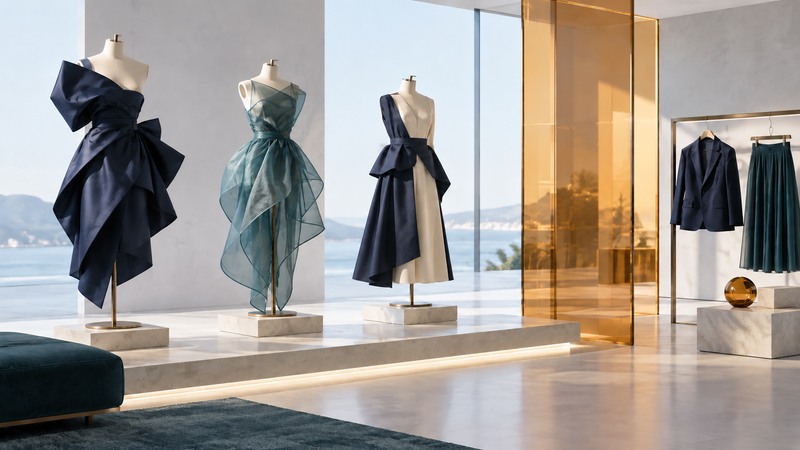 Three experimental garments stand on a gallery runway beside a rail of simpler separates.