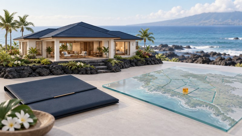 A conceptual island resort home with lanai and lava-stone landscaping stands beside a glass parcel map and document folio.