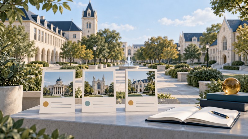 College comparison cards and an open notebook overlook an imagined ivory campus with navy roofs.
