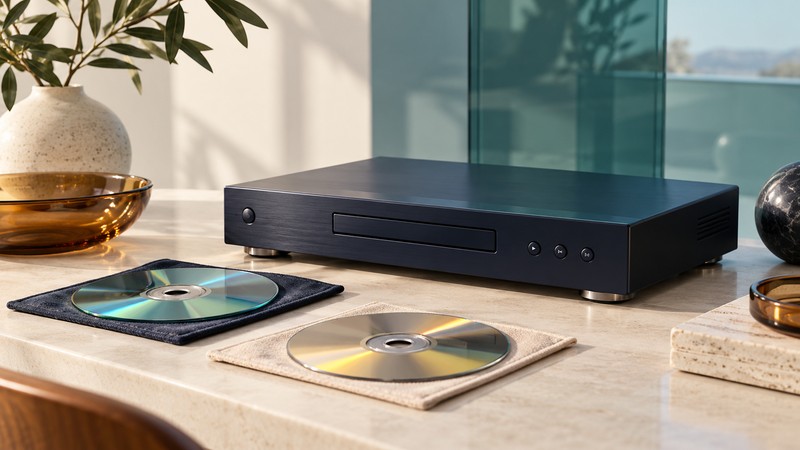 A conceptual optical disc player with two discs on protective cloths and a translucent screen behind it.