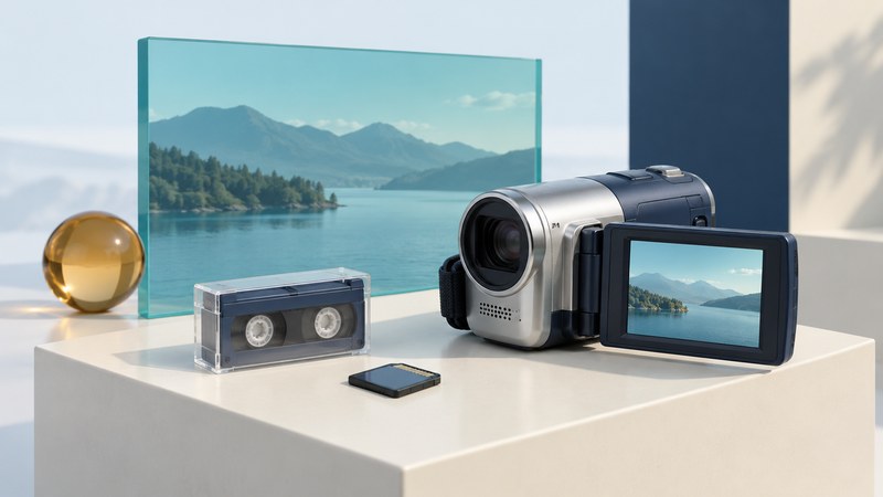 A conceptual compact tape camcorder, cassette and memory card sit beside a translucent teal picture panel.