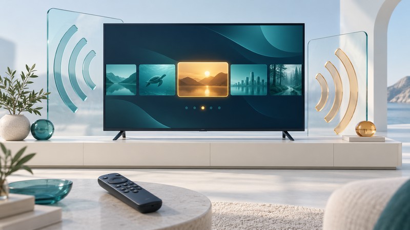 A navy television displays abstract program choices beside a remote and translucent signal panels.
