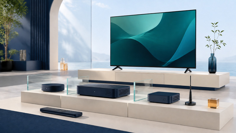 Three different navy receiver enclosures and a small antenna stand on separate ivory steps in front of a television.