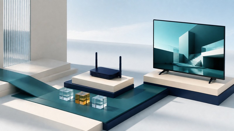 A navy router and television stand on ivory platforms beside clear and amber blocks on a teal pathway.