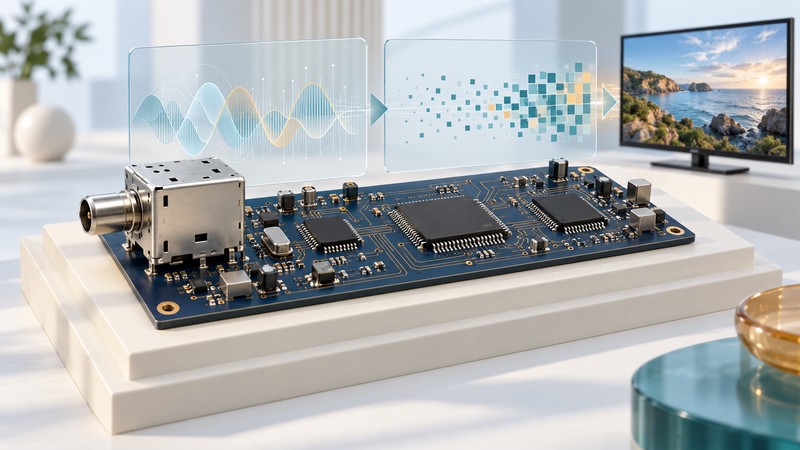 A receiver circuit board with a shielded tuner and chips sits before glass wave and pixel motifs and a television.