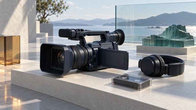 A conceptual prosumer camcorder with lens rings and a handle stands beside headphones and a tape cassette.