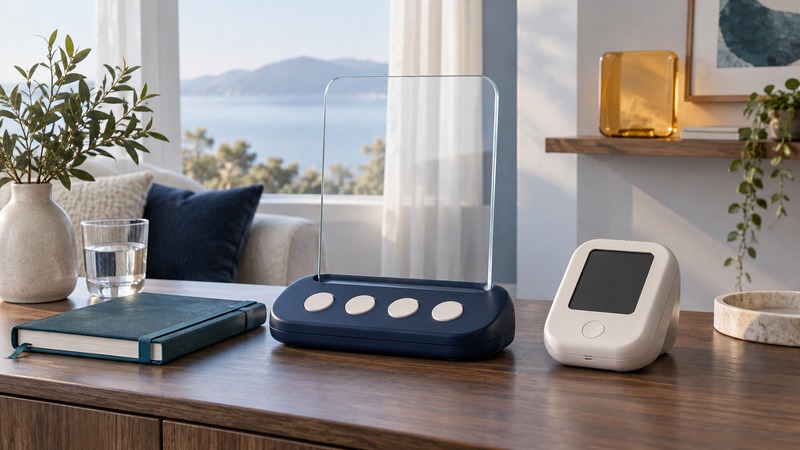 A conceptual four-button home communication hub with a blank glass panel and care notebook.
