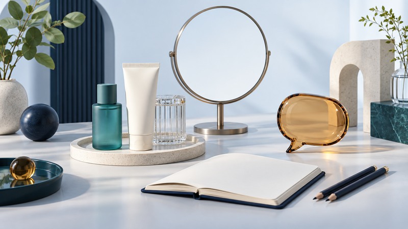 A simple skin-care kit, notebook and mirror on a teen study desk with a glass conversation symbol.