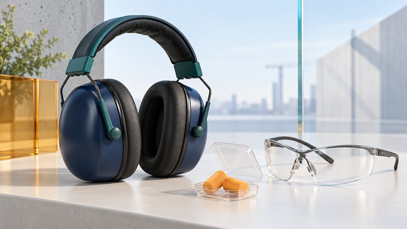 Protective earmuffs, foam earplugs in a clear case and separate safety glasses on an ivory surface.