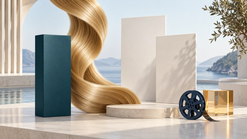 A flowing blonde hair swatch beside a plain hair-color carton and film reel on ivory and teal platforms.