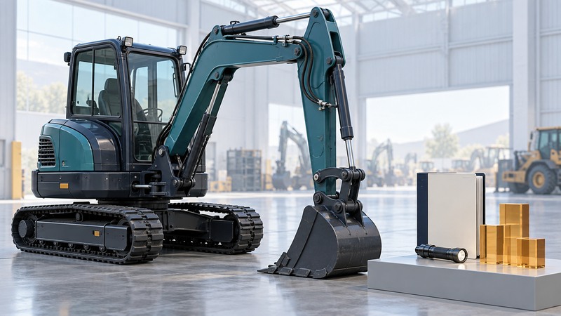 A parked tracked excavator with its bucket on the ground stands beside a service binder, flashlight and amber blocks.