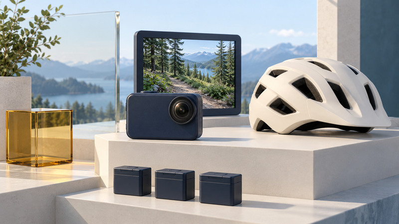 An unattached action camera and ivory cycling helmet sit beside a trail preview screen and small equipment cases.