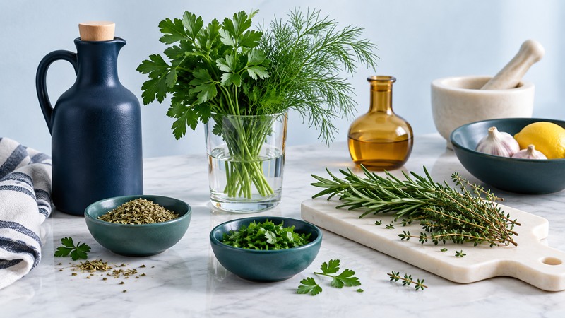 Fresh parsley and dill in a glass beside rosemary, thyme and small dishes of dried and chopped herbs.