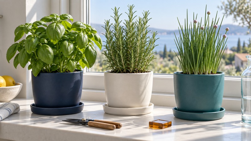 Basil, rosemary and chives grow in separate pots and saucers on a bright ledge.